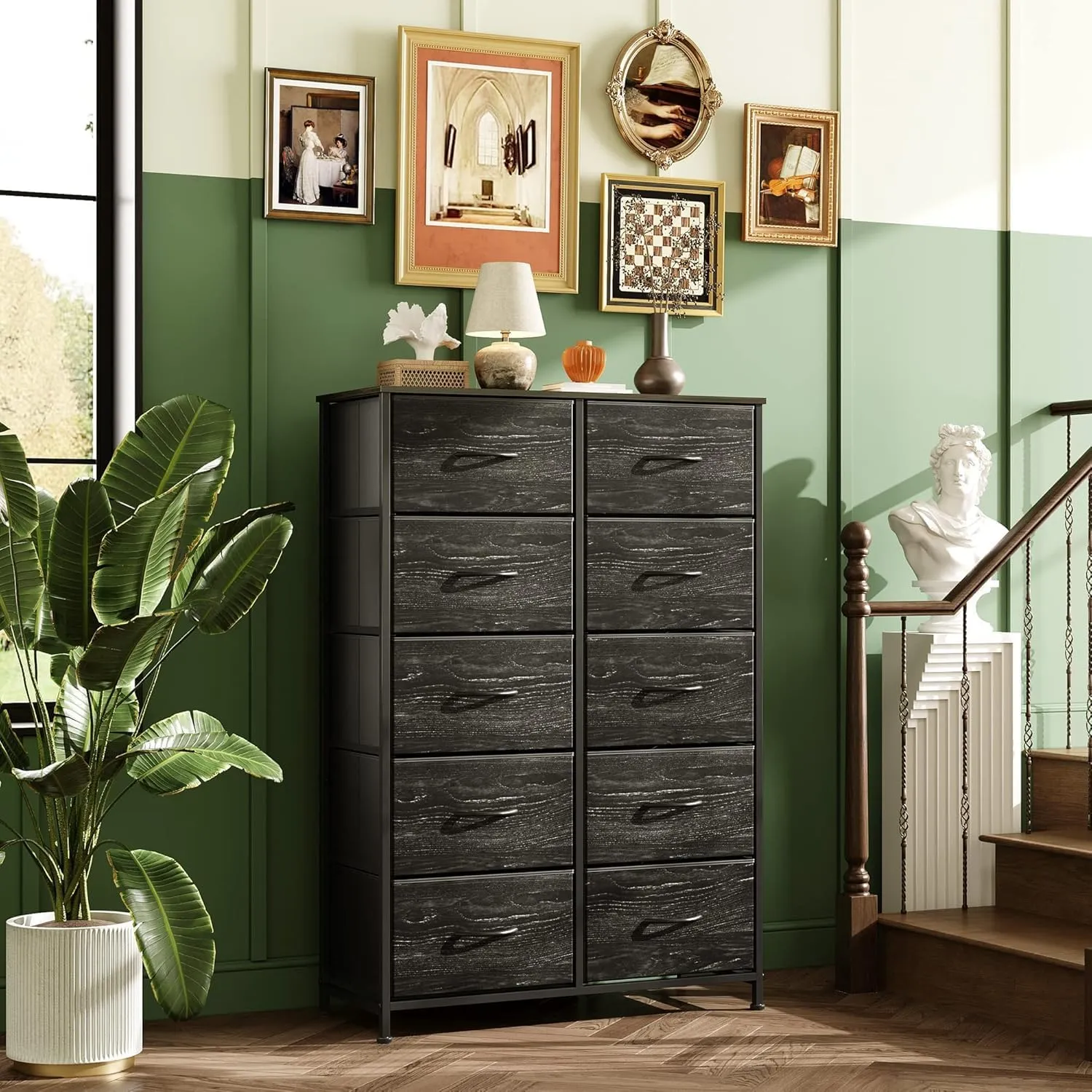 WLIVE Black Tall Dresser for Bedroom with 10 Drawers, Chest of Drawers, Dressers Bedroom Furniture, Storage Organizer Unit with Fabric Bins for Closet, Hallway, Living Room
