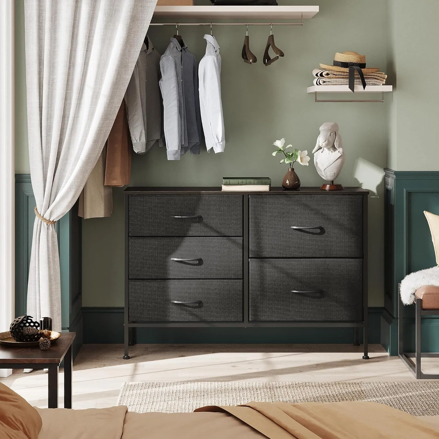 WLIVE Dresser for Bedroom with 5 Drawers, Wide Bedroom Dressers with Drawer Organizers, Chest of Drawers, Fabric Dresser for Living Room, Closet, Hallway, Charcoal Black