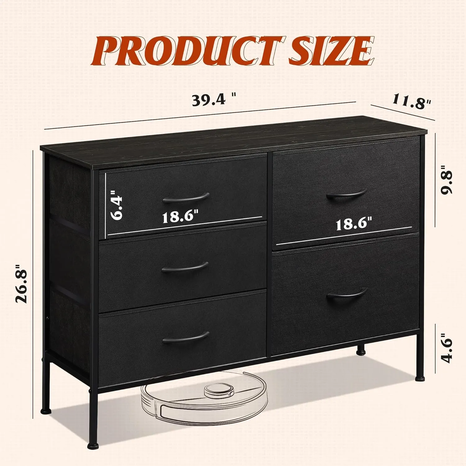 WLIVE Dresser for Bedroom with 5 Drawers, Wide Bedroom Dressers with Drawer Organizers, Chest of Drawers, Fabric Dresser for Living Room, Closet, Hallway, Charcoal Black
