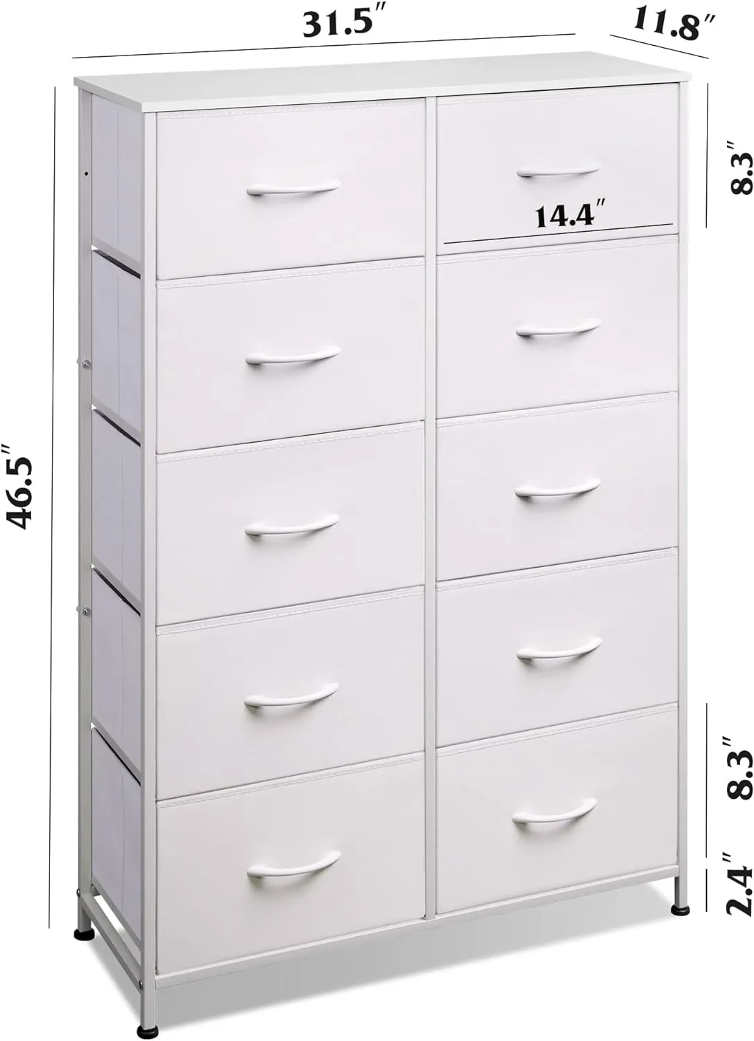 WLIVE Fabric Dresser for Bedroom with 10 Drawers, Tall Chest of Drawers, White Dressers Bedroom Furniture, Storage Organizer Unit with Bins for Closet, Hallway, Living Room, Entryway