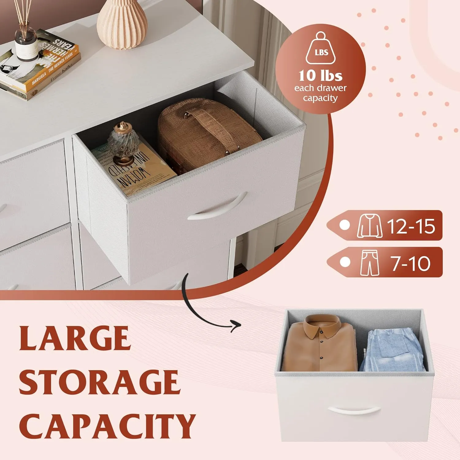 WLIVE Fabric Dresser for Bedroom with 10 Drawers, Tall Chest of Drawers, White Dressers Bedroom Furniture, Storage Organizer Unit with Bins for Closet, Hallway, Living Room, Entryway