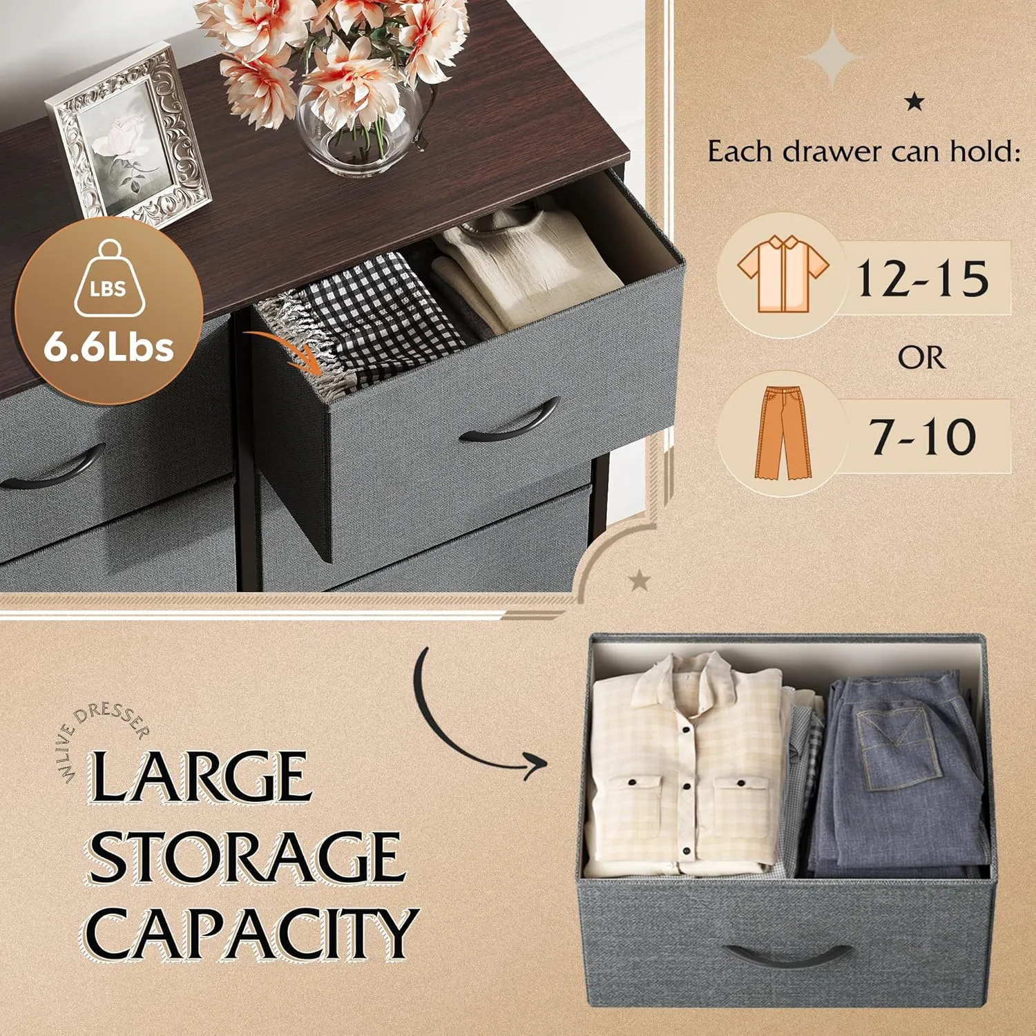 WLIVE Grey Dresser for Bedroom with 10 Fabric Drawers, Tall Organizer Units for Living Room, Clothing, Closet, Storage Tower with Cabinet, Metal Frame, Wooden Top, Furniture