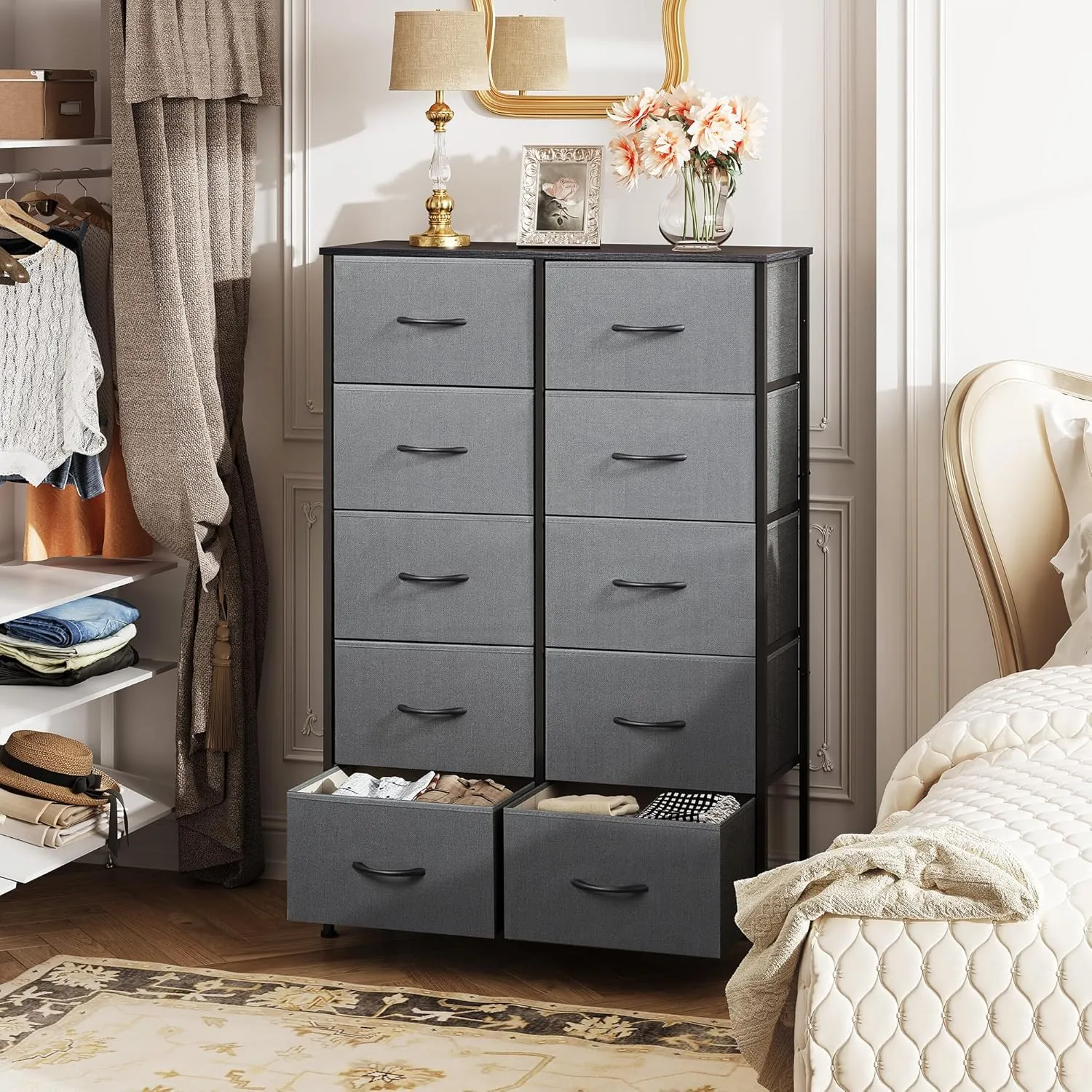 WLIVE Grey Dresser for Bedroom with 10 Fabric Drawers, Tall Organizer Units for Living Room, Clothing, Closet, Storage Tower with Cabinet, Metal Frame, Wooden Top, Furniture