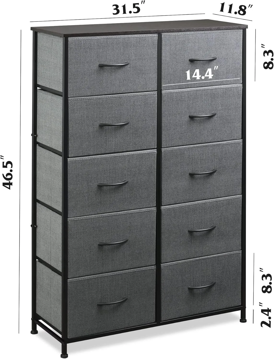 WLIVE Grey Dresser for Bedroom with 10 Fabric Drawers, Tall Organizer Units for Living Room, Clothing, Closet, Storage Tower with Cabinet, Metal Frame, Wooden Top, Furniture