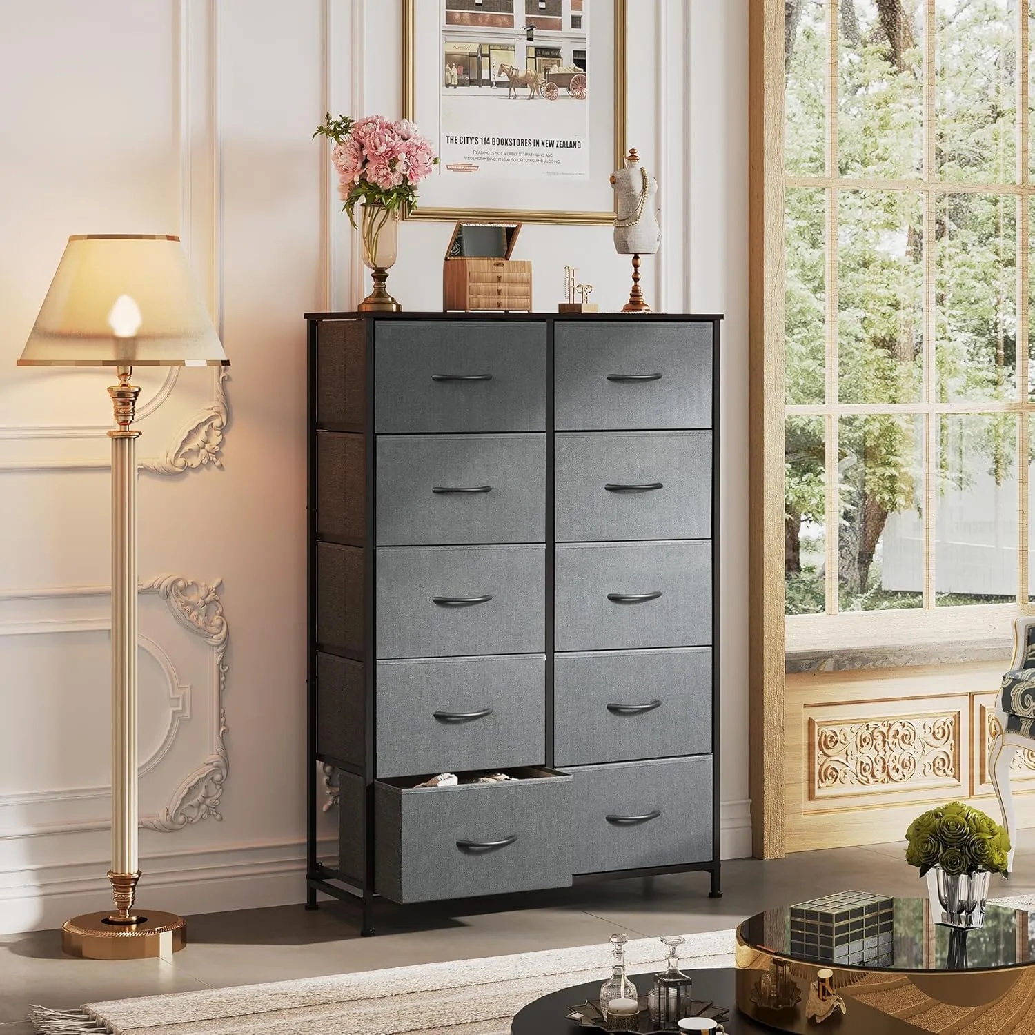 WLIVE Grey Dresser for Bedroom with 10 Fabric Drawers, Tall Organizer Units for Living Room, Clothing, Closet, Storage Tower with Cabinet, Metal Frame, Wooden Top, Furniture