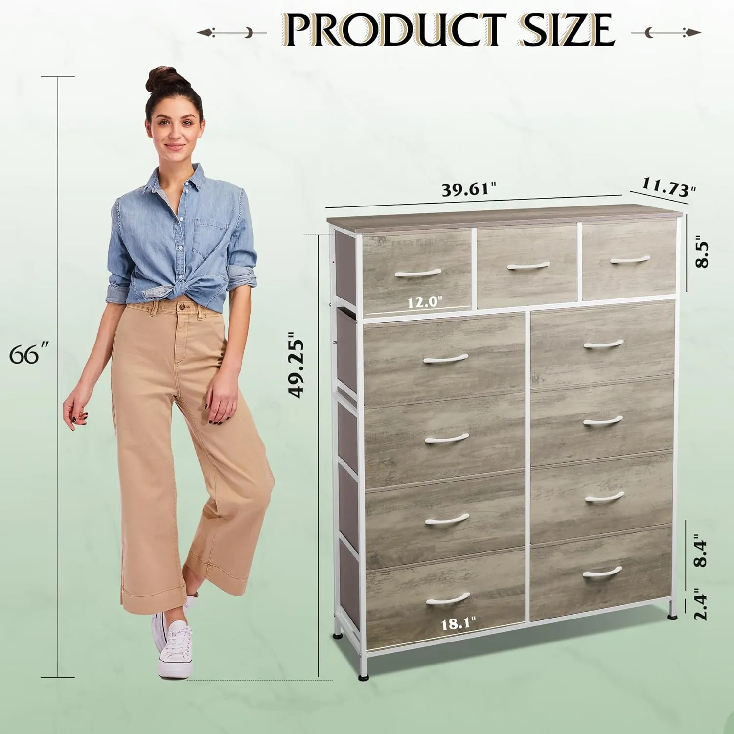 WLIVE Tall Dresser for Bedroom, Fabric Dressers Storage Tower, Dresser & Chest of Drawers Organizer Unit with 11 Drawers, Storage Cabinet, Hallway, Closets, Steel Frame, Wood Top (Greige)