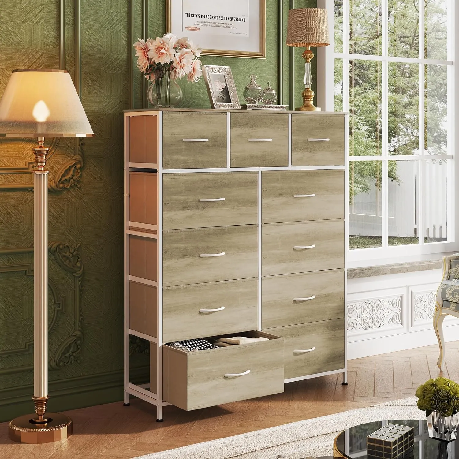 WLIVE Tall Dresser for Bedroom, Fabric Dressers Storage Tower, Dresser & Chest of Drawers Organizer Unit with 11 Drawers, Storage Cabinet, Hallway, Closets, Steel Frame, Wood Top (Greige)
