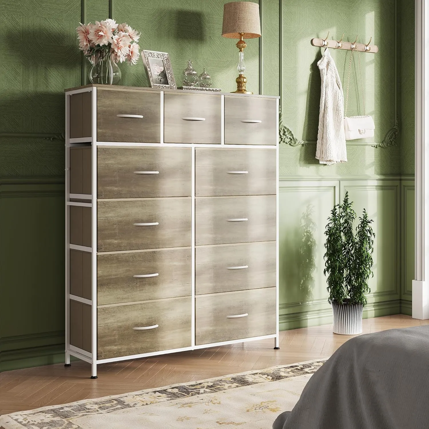 WLIVE Tall Dresser for Bedroom, Fabric Dressers Storage Tower, Dresser & Chest of Drawers Organizer Unit with 11 Drawers, Storage Cabinet, Hallway, Closets, Steel Frame, Wood Top (Greige)