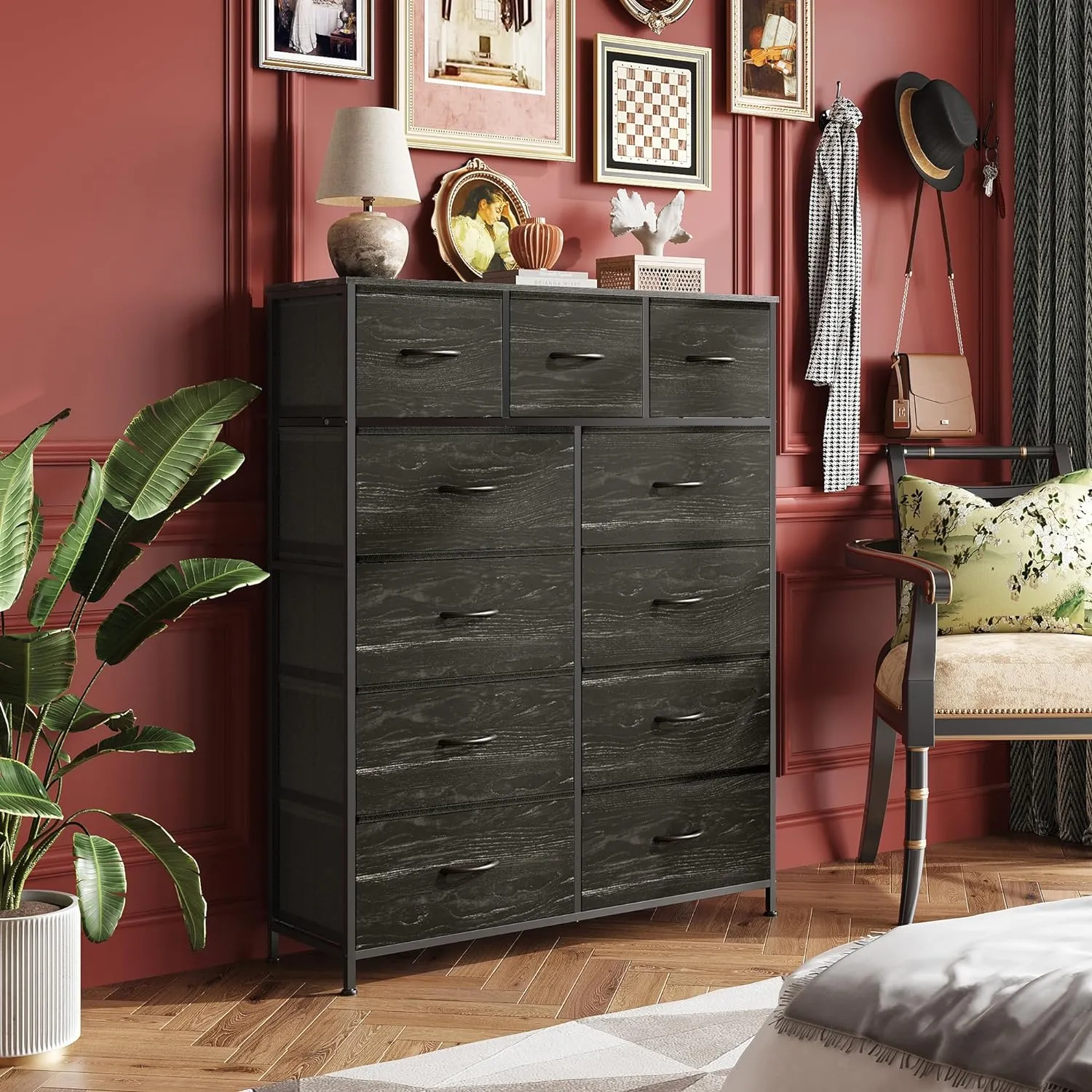 WLIVE Tall Dresser for Bedroom, Fabric Dressers Storage Tower, Dresser & Chest of Drawers Organizer Unit with 11 Drawers, Storage Cabinet, Hallway, Closets, Steel Frame, Wood Top