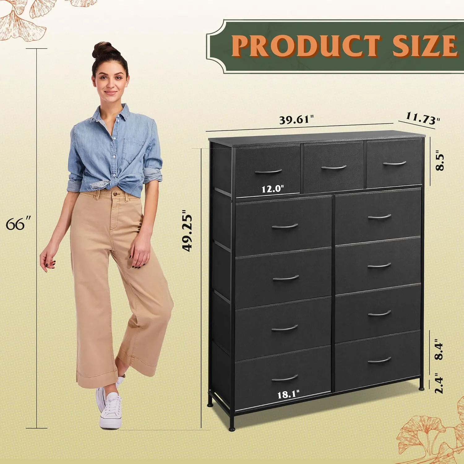 WLIVE Tall Dresser for Bedroom, Fabric Dressers Storage Tower, Dresser & Chest of Drawers Organizer Unit with 11 Drawers, Storage Cabinet, Hallway, Closets, Steel Frame, Wood Top