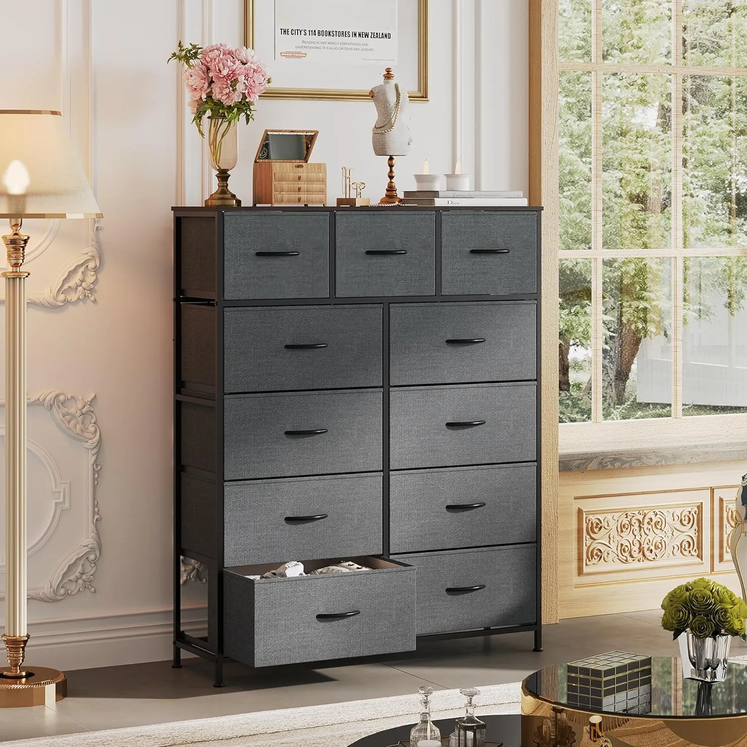 WLIVE Tall Dresser for Bedroom, Fabric Dressers Storage Tower, Dresser & Chest of Drawers Organizer Unit with 11 Drawers, Storage Cabinet, Hallway, Closets, Steel Frame, Wood Top