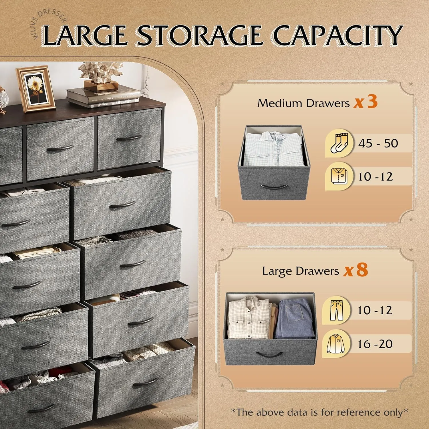 WLIVE Tall Dresser for Bedroom, Fabric Dressers Storage Tower, Dresser & Chest of Drawers Organizer Unit with 11 Drawers, Storage Cabinet, Hallway, Closets, Steel Frame, Wood Top