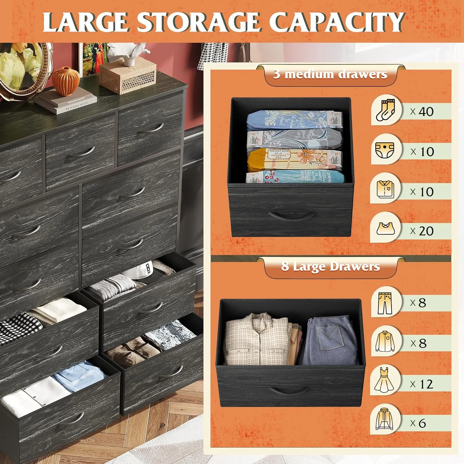 WLIVE Tall Dresser for Bedroom, Fabric Dressers Storage Tower, Dresser & Chest of Drawers Organizer Unit with 11 Drawers, Storage Cabinet, Hallway, Closets, Steel Frame, Wood Top