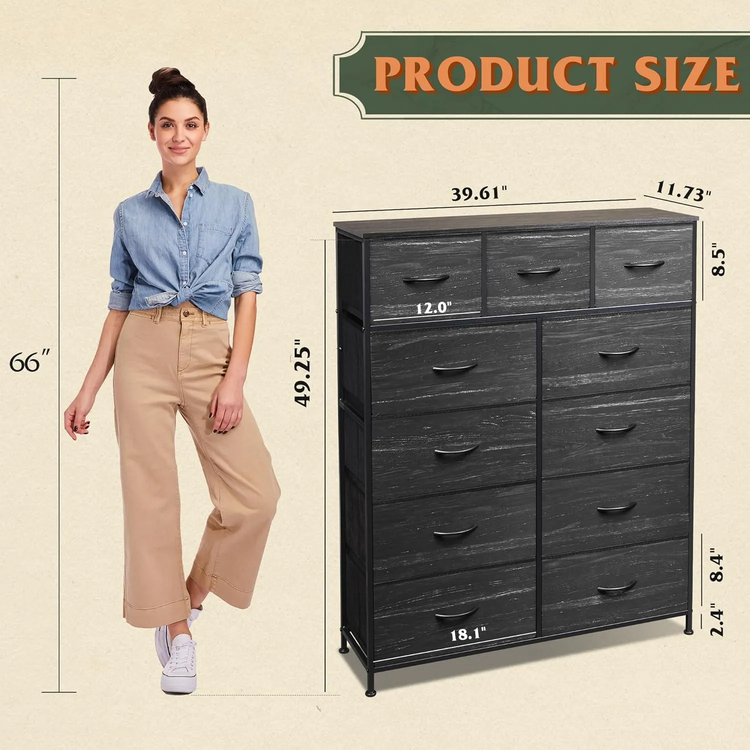 WLIVE Tall Dresser for Bedroom, Fabric Dressers Storage Tower, Dresser & Chest of Drawers Organizer Unit with 11 Drawers, Storage Cabinet, Hallway, Closets, Steel Frame, Wood Top