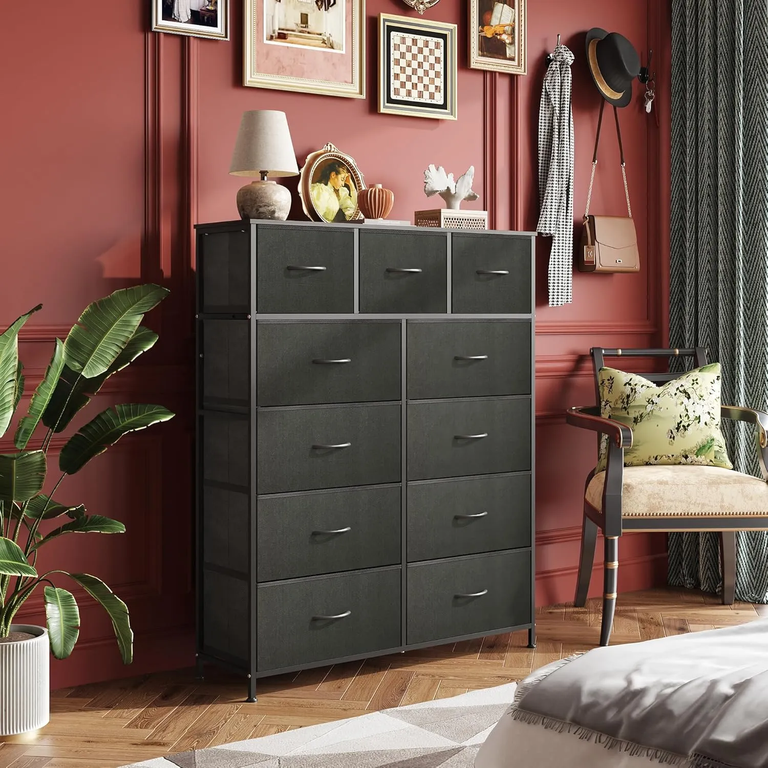 WLIVE Tall Dresser for Bedroom, Fabric Dressers Storage Tower, Dresser & Chest of Drawers Organizer Unit with 11 Drawers, Storage Cabinet, Hallway, Closets, Steel Frame, Wood Top