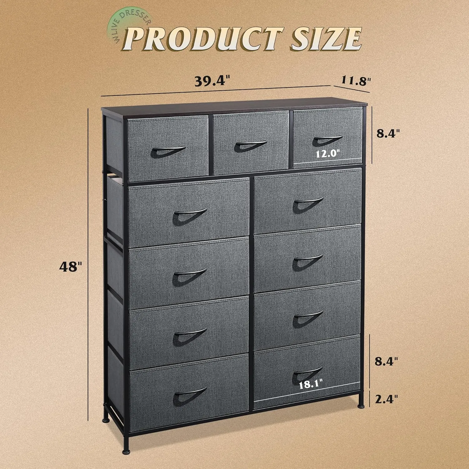 WLIVE Tall Dresser for Bedroom, Fabric Dressers Storage Tower, Dresser & Chest of Drawers Organizer Unit with 11 Drawers, Storage Cabinet, Hallway, Closets, Steel Frame, Wood Top