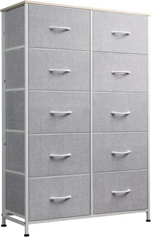 WLIVE Tall Dresser for Bedroom with 10 Drawers, Chest of Drawers, Dressers Bedroom Furniture, Storage Organizer Unit with Fabric Bins for Closet, Hallway, Living Room, Entryway, Light Grey