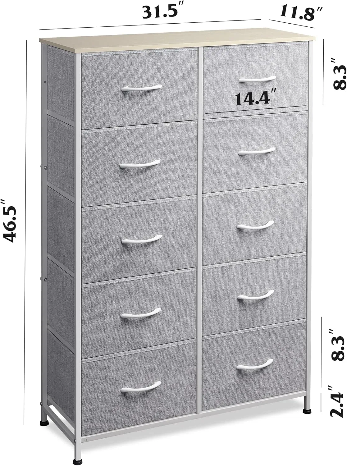 WLIVE Tall Dresser for Bedroom with 10 Drawers, Chest of Drawers, Dressers Bedroom Furniture, Storage Organizer Unit with Fabric Bins for Closet, Hallway, Living Room, Entryway, Light Grey