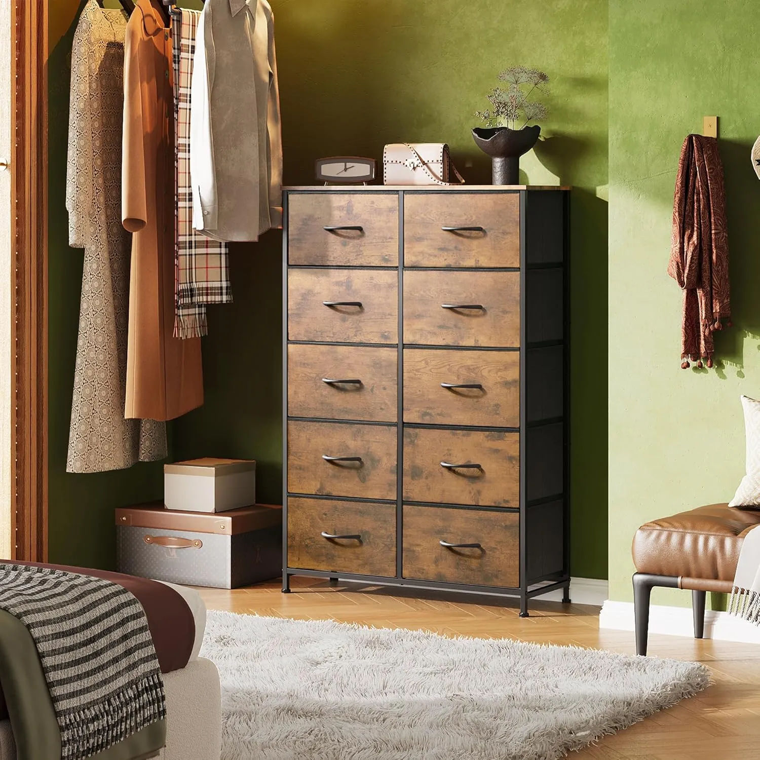 WLIVE Tall Dresser for Bedroom with 10 Fabric Drawers, Organizer Units for Closet, Storage Tower with Cabinet, Metal Frame, Rustic Brown Wood Grain Print Dressers