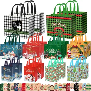WLUSEAXI 20 Pack Assorted Sizes Reusable Christmas Tote Bags with Handles, 4 Extra Large, 8 Large, 8 Small, 24 Gift Tags for Xmas Party Favors