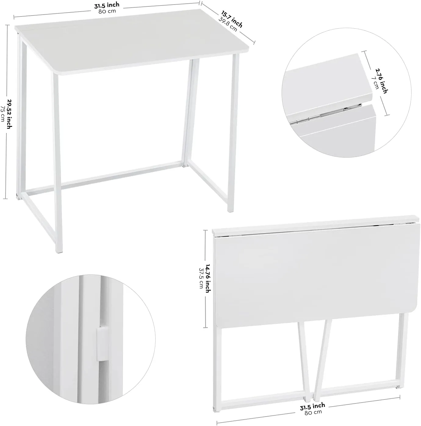 WOHOMO Folding Desk, 31.5" Small Desk for Small Spaces, Easy Assemble Foldable Computer Desk for Laptop, Mini Portable Working Table Narrow Wooden Writing Workstation for Home Office, White