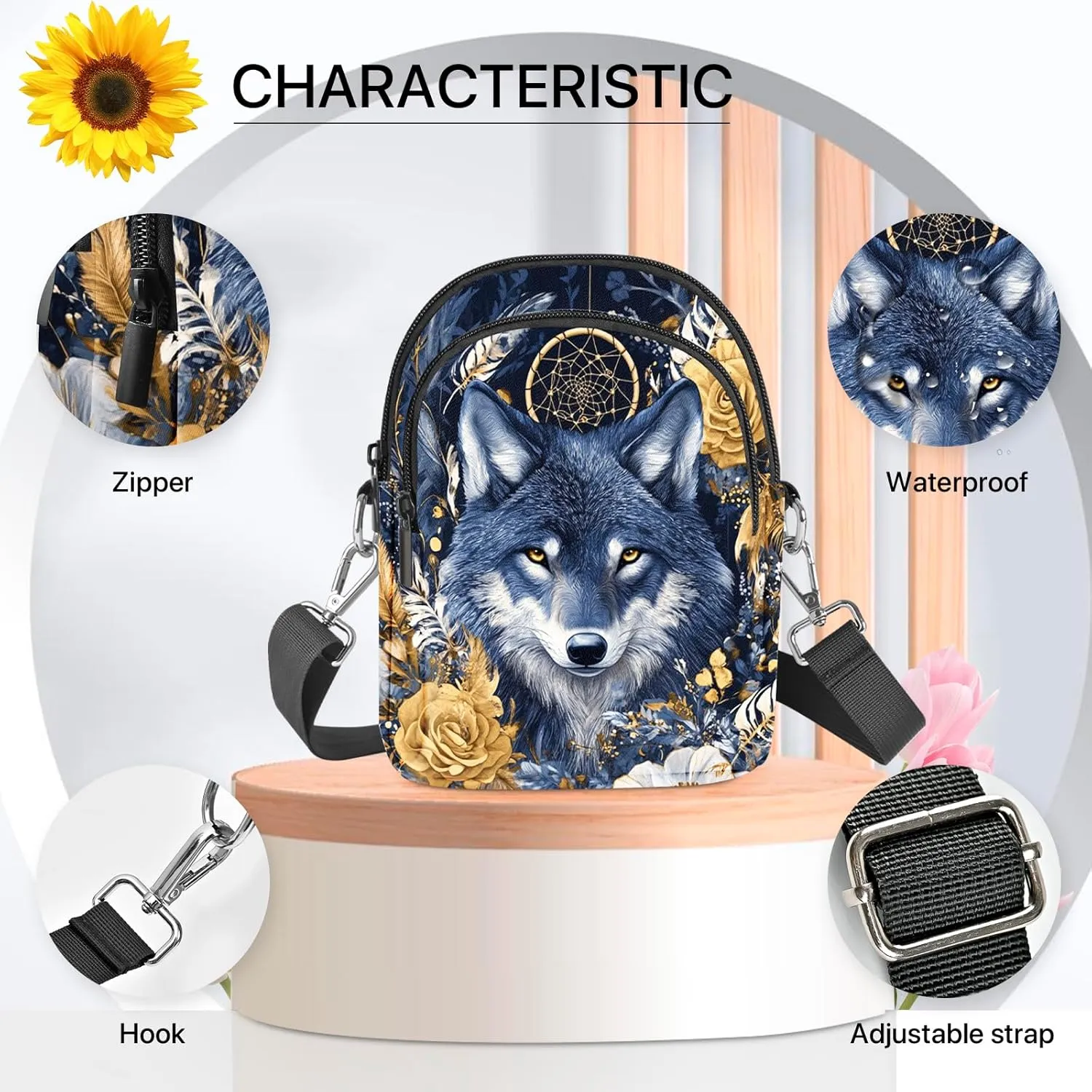 Wolf Crossbody Purse for Women Casual Cell Phone Bag Waterproof Shoulder Bags Travel