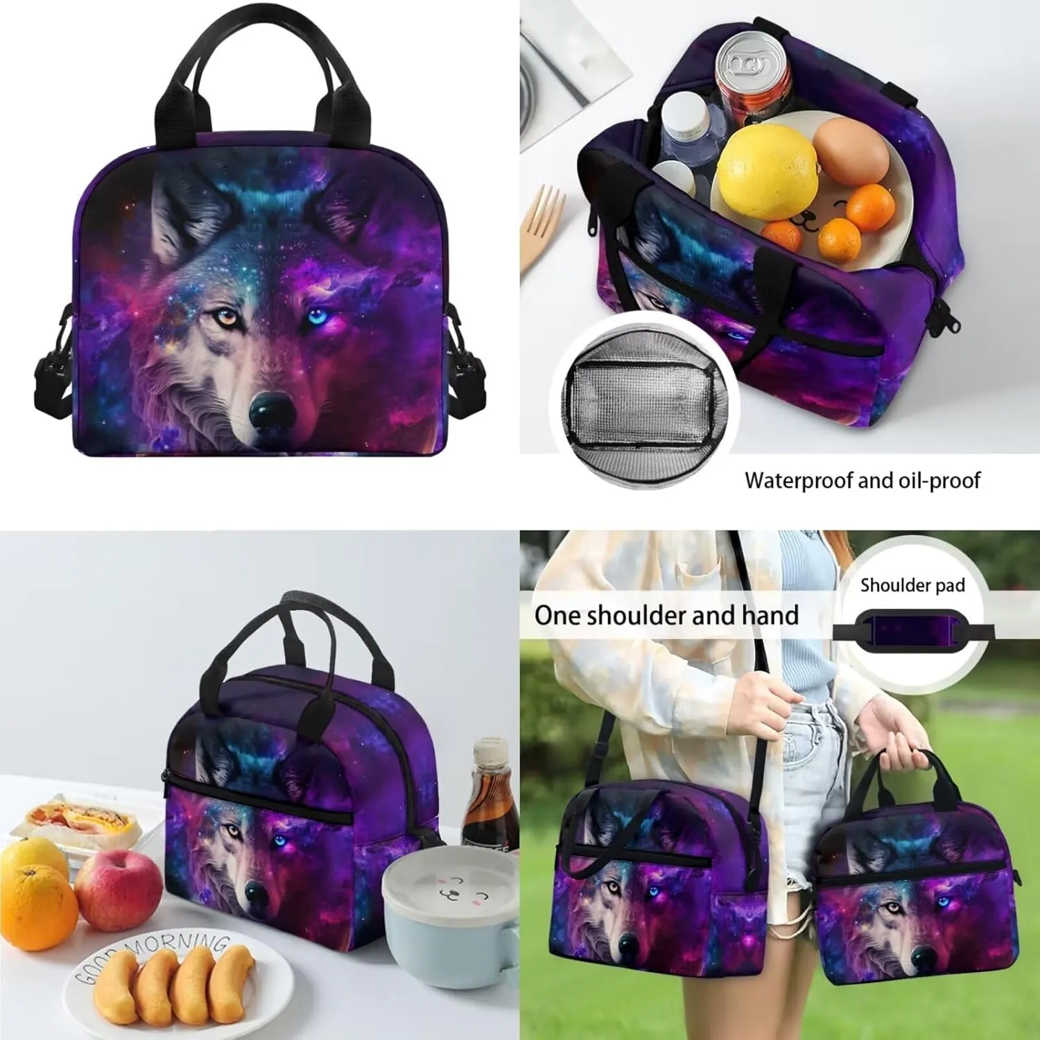 Wolf Lunch Bag for Kids 12-14 Years Old Purple Lunch Box for Boys with Pockets Insulated Lunch Box Small Lunch Tote Bag Men Lunchbag Work