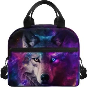 Wolf Lunch Bag for Kids 12-14 Years Old Purple Lunch Box for Boys with Pockets Insulated Lunch Box Small Lunch Tote Bag Men Lunchbag Work