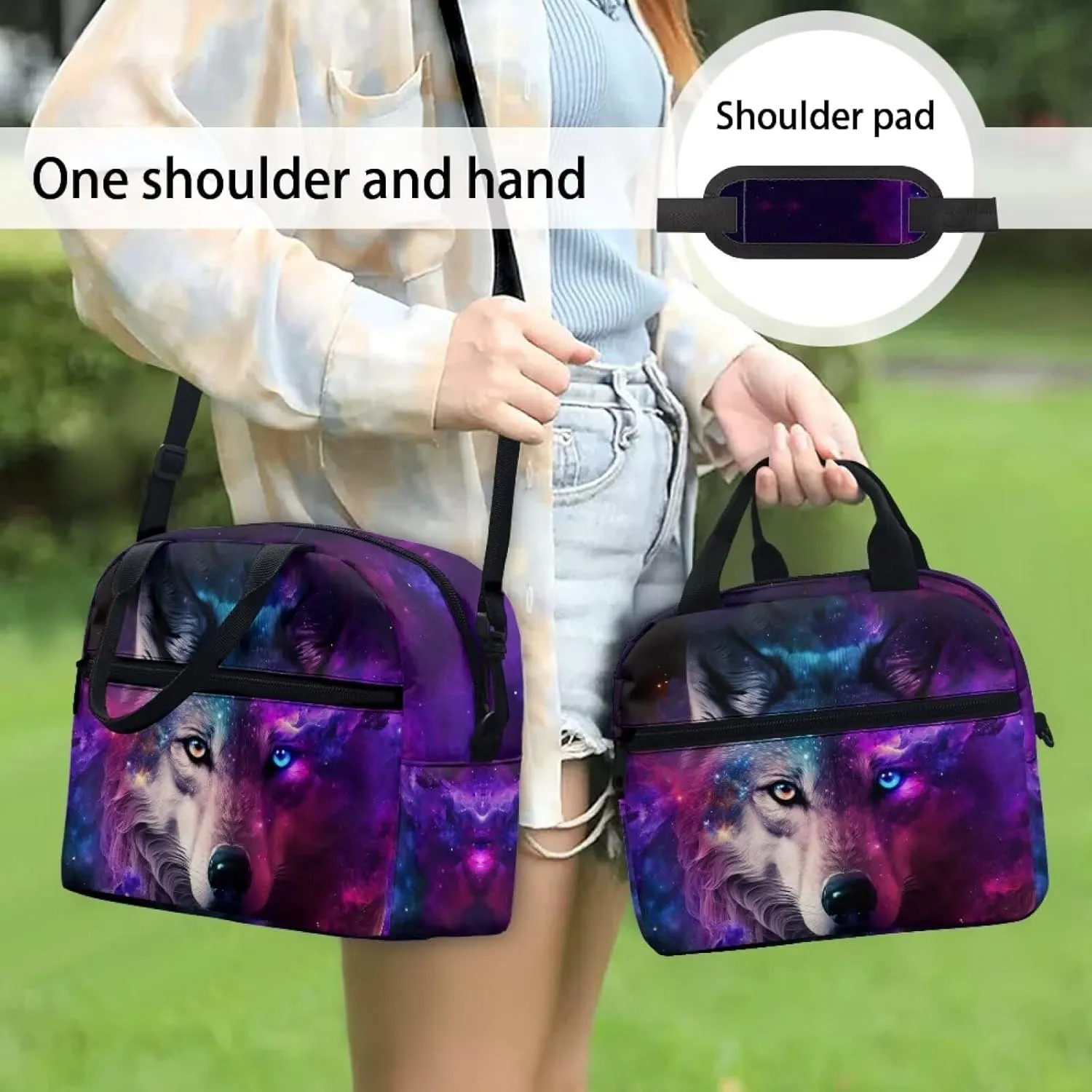 Wolf Lunch Bag for Kids 12-14 Years Old Purple Lunch Box for Boys with Pockets Insulated Lunch Box Small Lunch Tote Bag Men Lunchbag Work