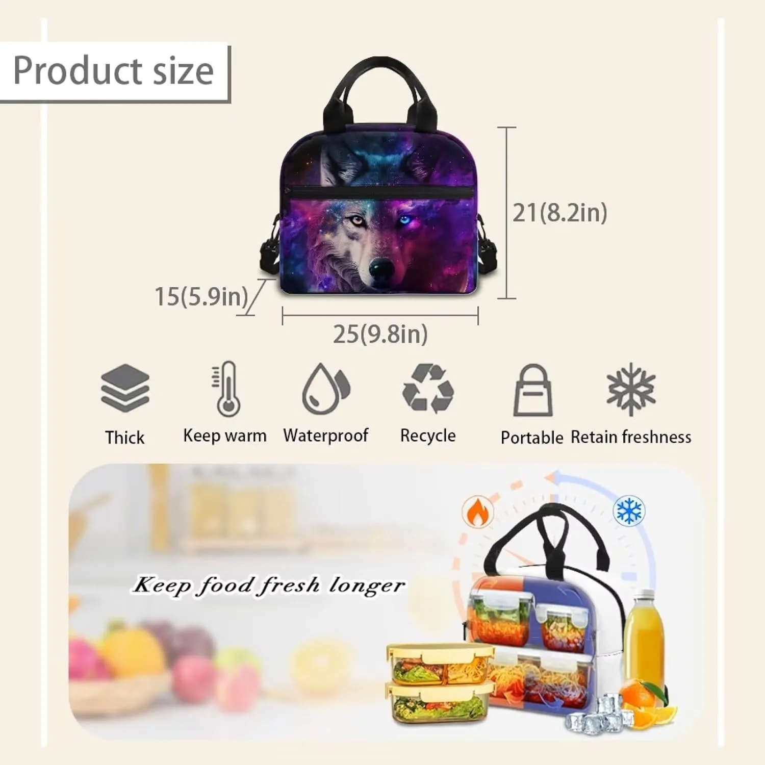 Wolf Lunch Bag for Kids 12-14 Years Old Purple Lunch Box for Boys with Pockets Insulated Lunch Box Small Lunch Tote Bag Men Lunchbag Work