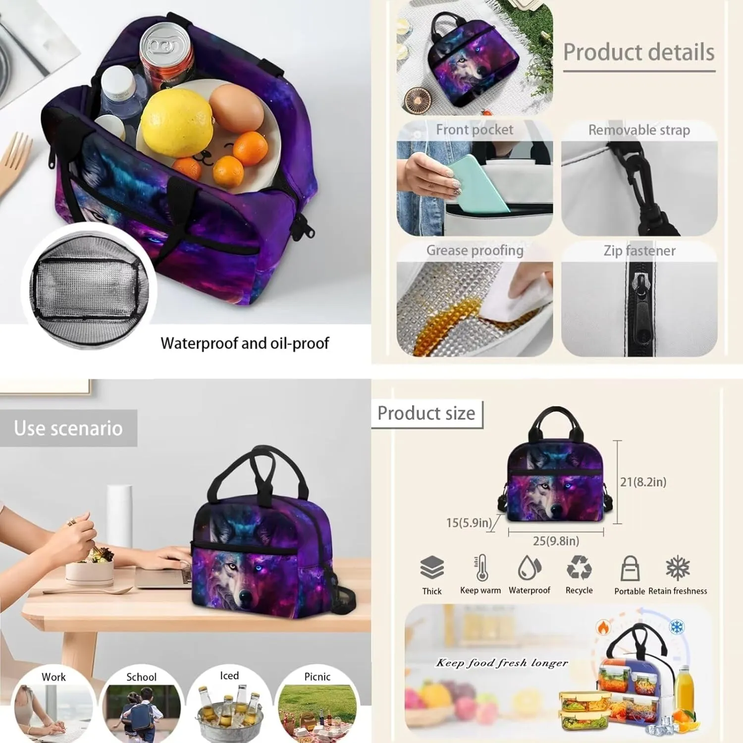 Wolf Lunch Bag for Kids 12-14 Years Old Purple Lunch Box for Boys with Pockets Insulated Lunch Box Small Lunch Tote Bag Men Lunchbag Work