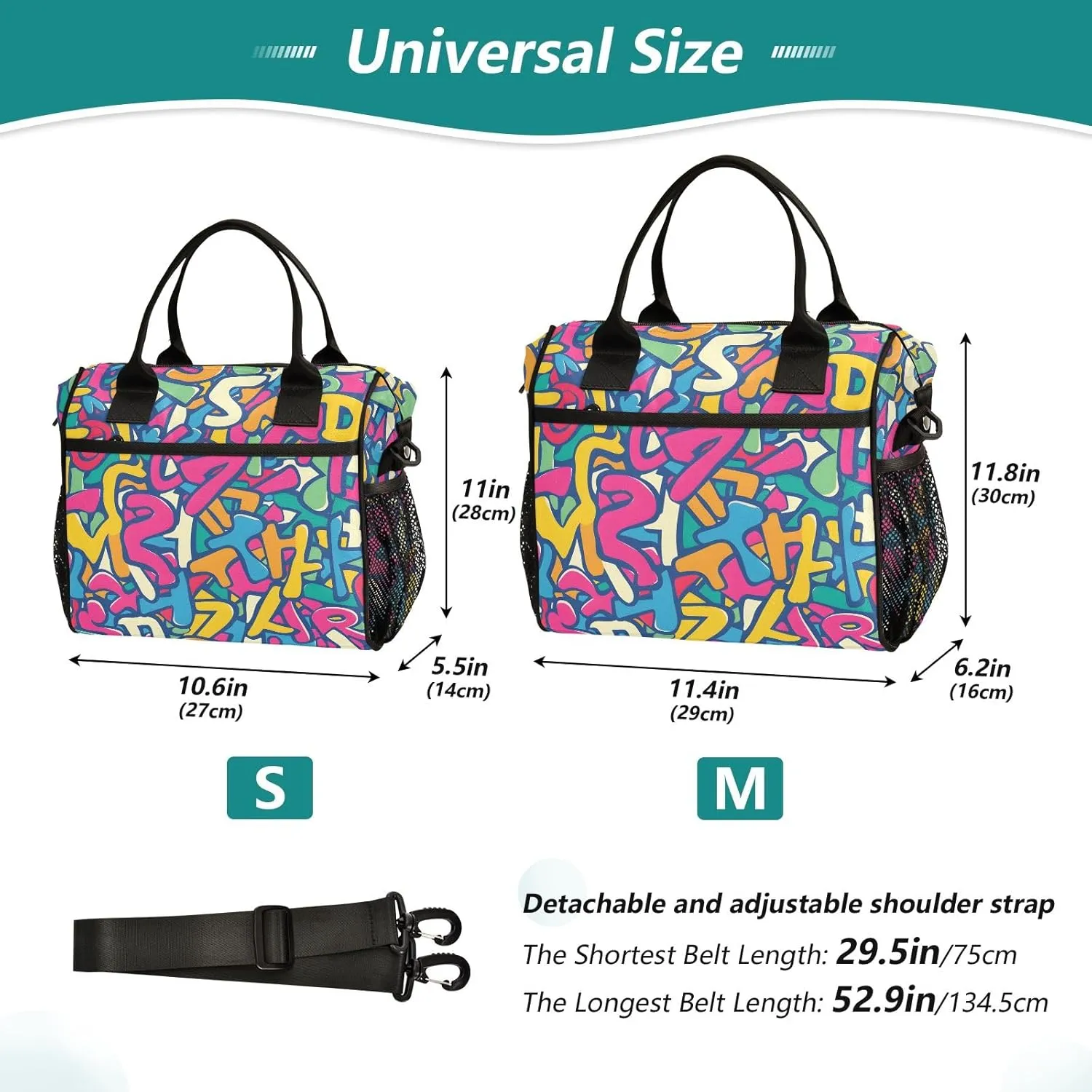 Women Cooler Bags Lunch Bag Reusable Insulated Lunch Bags Letters Diagram Crossbody with Shoulder Strap Adults S