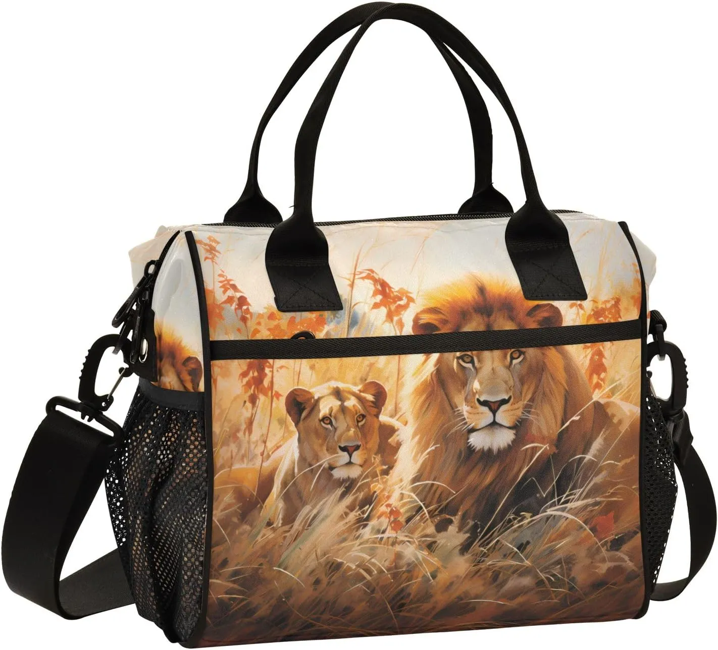 Women Cooler Bags Lunch Bag Reusable Insulated Lunch Bags Lion African Savannah Crossbody with Shoulder Strap Adults S