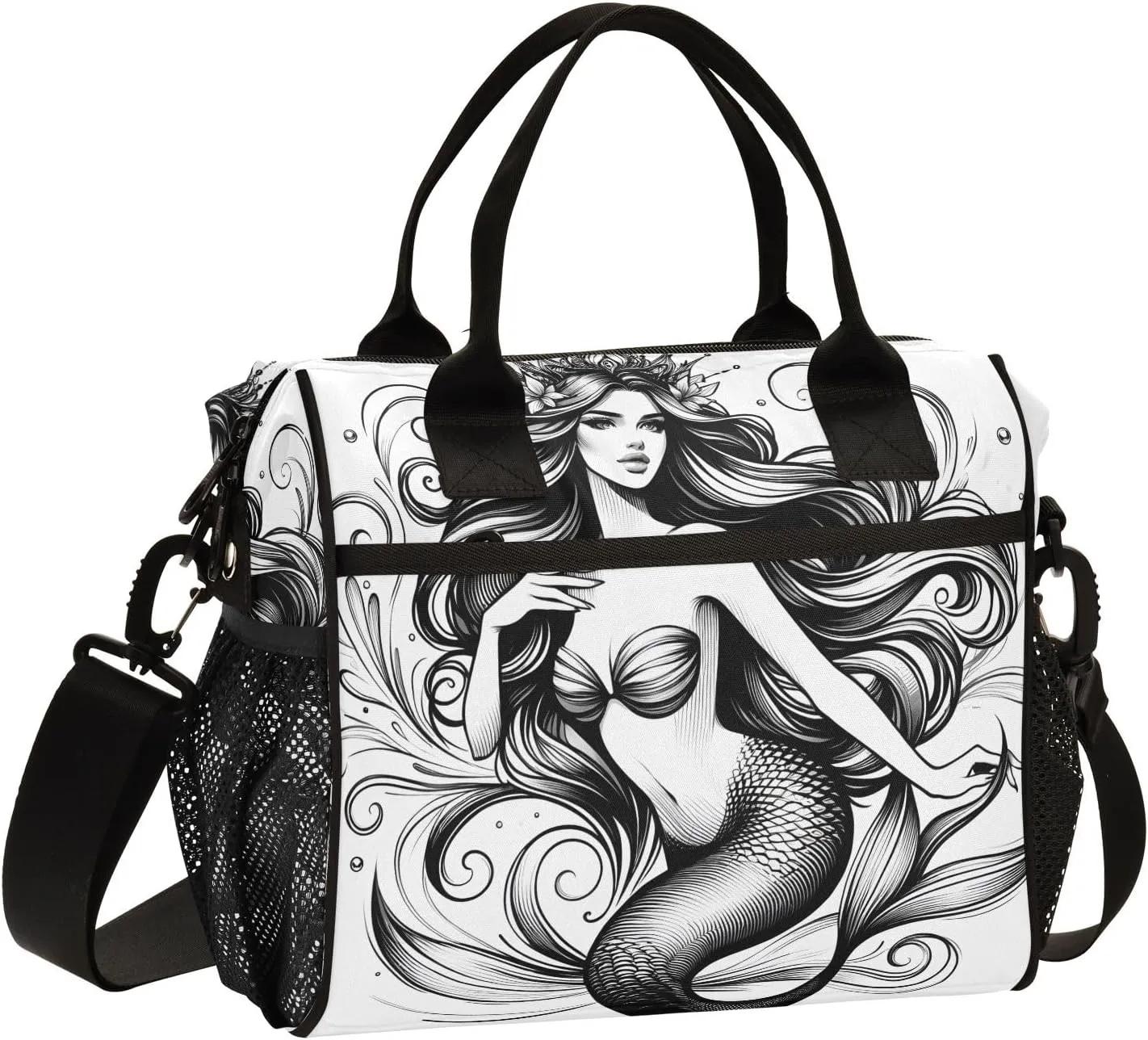Women Cooler Bags Lunch Bag Reusable Insulated Lunch Bags Mermaid Sketch Crossbody with Shoulder Strap Adults S