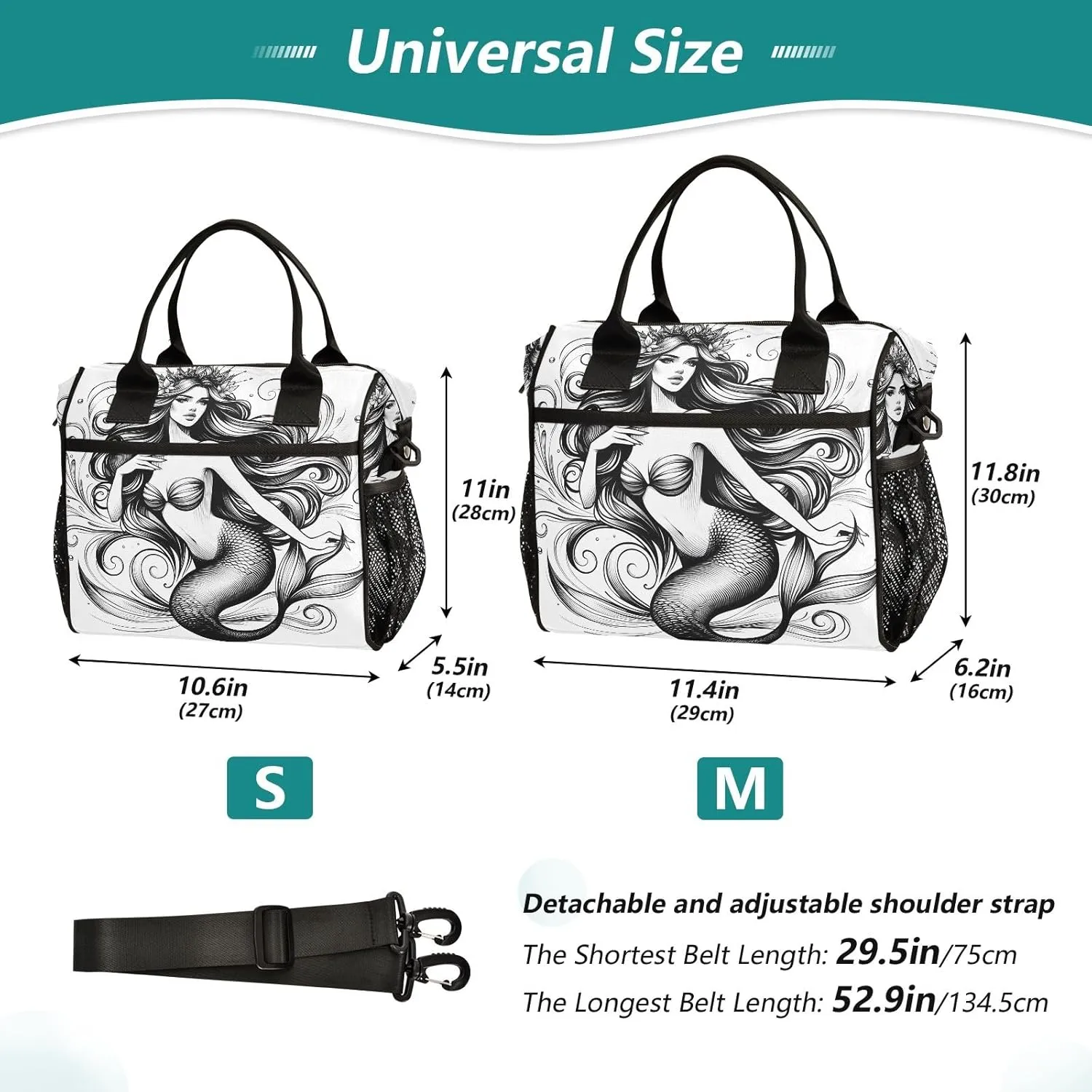 Women Cooler Bags Lunch Bag Reusable Insulated Lunch Bags Mermaid Sketch Crossbody with Shoulder Strap Adults S