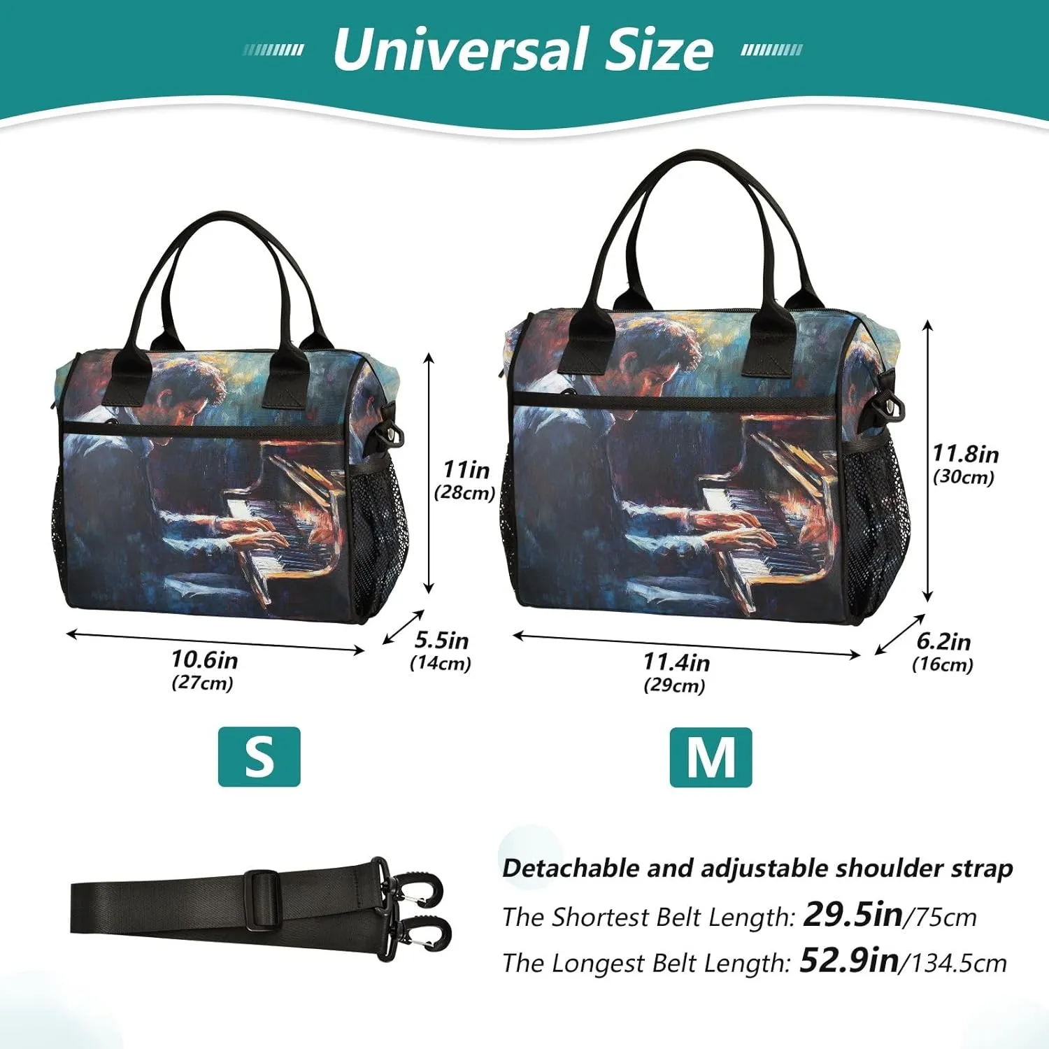 Women Cooler Bags Lunch Bag Reusable Insulated Lunch Bags Pianist Painting Crossbody with Shoulder Strap Adults S