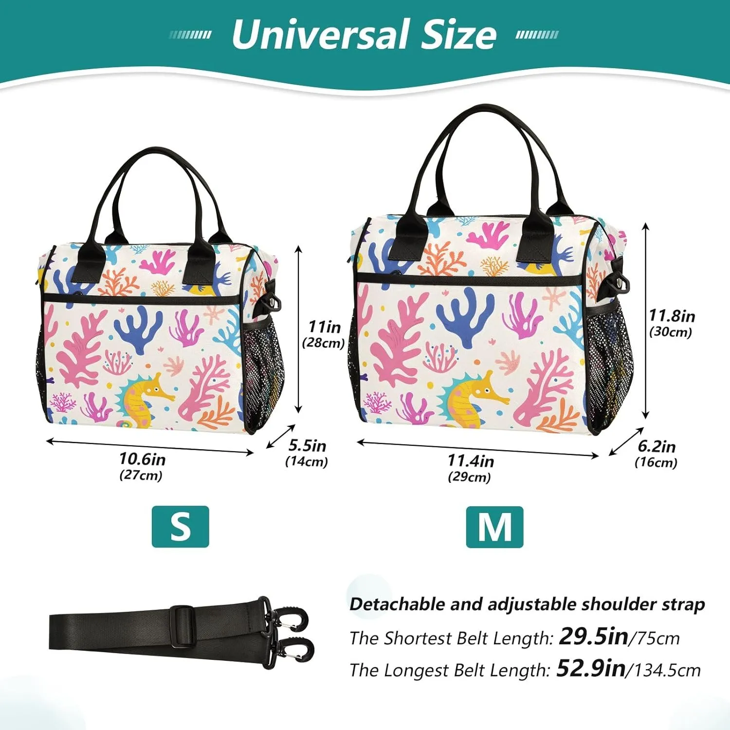Women Cooler Bags Lunch Bag Reusable Insulated Lunch Bags Seahorses Corals Algae Crossbody with Shoulder Strap Adults S