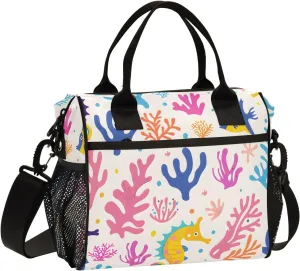 Women Cooler Bags Lunch Bag Reusable Insulated Lunch Bags Seahorses Corals Algae Crossbody with Shoulder Strap Adults S