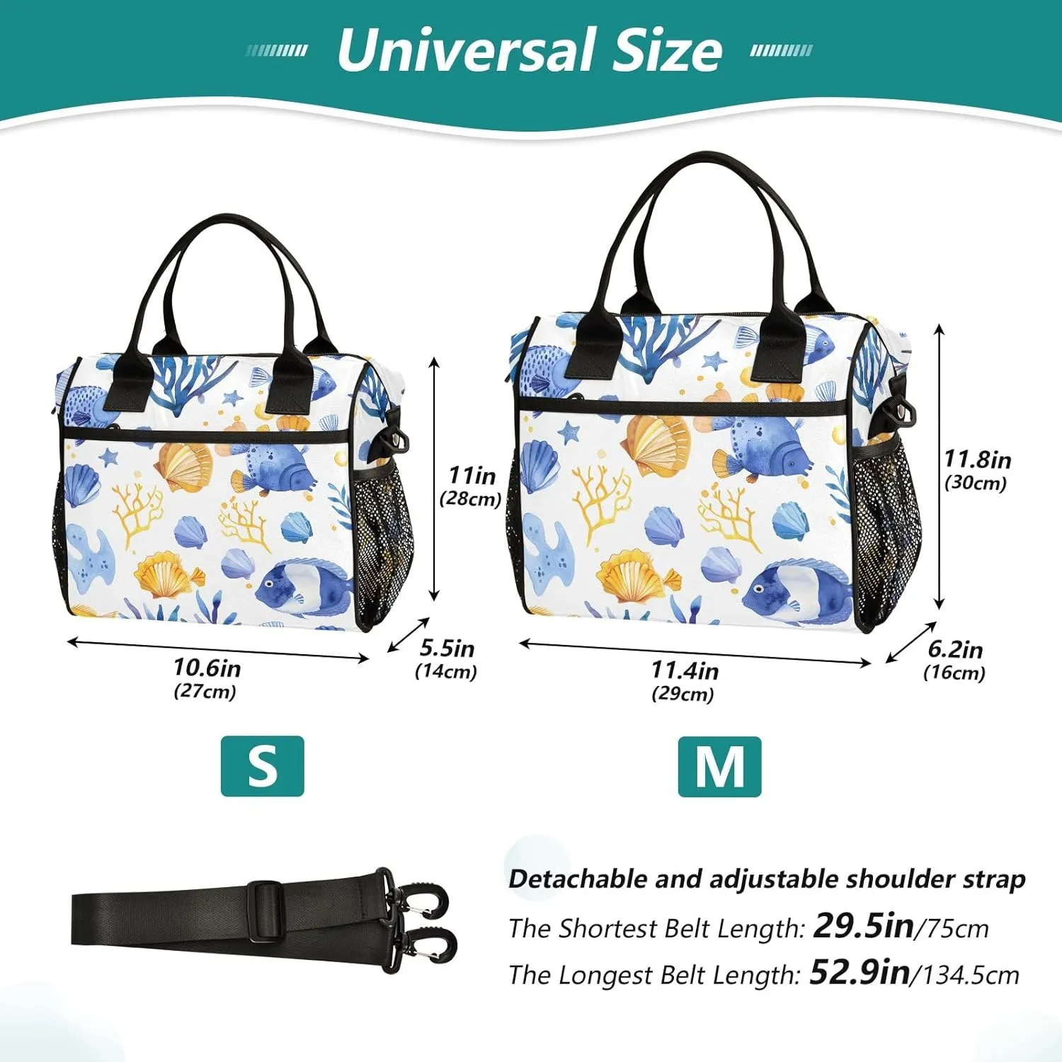 Women Cooler Bags Lunch Bag Reusable Insulated Lunch Bags Seaweeds Fish Seashells Crossbody with Shoulder Strap Adults S