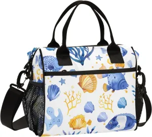 Women Cooler Bags Lunch Bag Reusable Insulated Lunch Bags Seaweeds Fish Seashells Crossbody with Shoulder Strap Adults S
