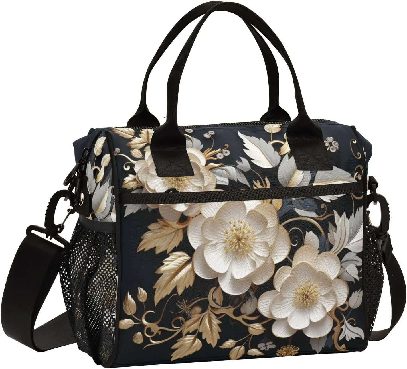 Women Cooler Bags Lunch Bag Reusable Insulated Lunch Bags White Flower Carved Crossbody with Shoulder Strap Adults Small