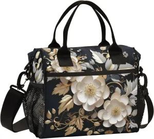 Women Cooler Bags Lunch Bag Reusable Insulated Lunch Bags White Flower Carved Crossbody with Shoulder Strap Adults Small