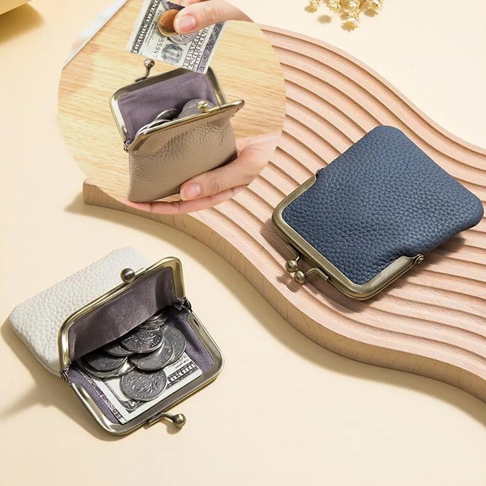 Women Genuine Leather Clutch Coin Purse Mini Kiss Lock Change Purse Wallet Slim Retro Coin holder Purse (Denim Blue)