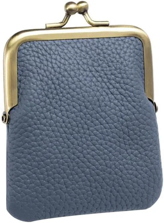 Women Genuine Leather Clutch Coin Purse Mini Kiss Lock Change Purse Wallet Slim Retro Coin holder Purse (Denim Blue)