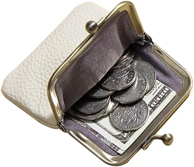 Women Genuine Leather Clutch Coin Purse Mini Kiss Lock Change Purse Wallet Slim Retro Coin holder Purse (White)