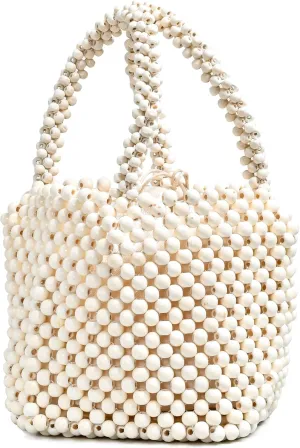 Women Girls Retro Wood Beaded Handbag Ladies Natural Handmade Drawstring Bucket Shoulder Bags Party Beach Vacation Tote Purse