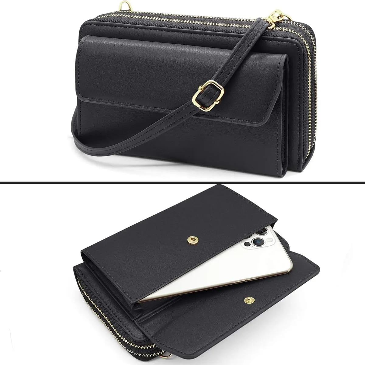 Women Leather Wallet Crossbody Shoulder Bag with Double Zipper and Mobile Phone Purse with Shoulder Strap