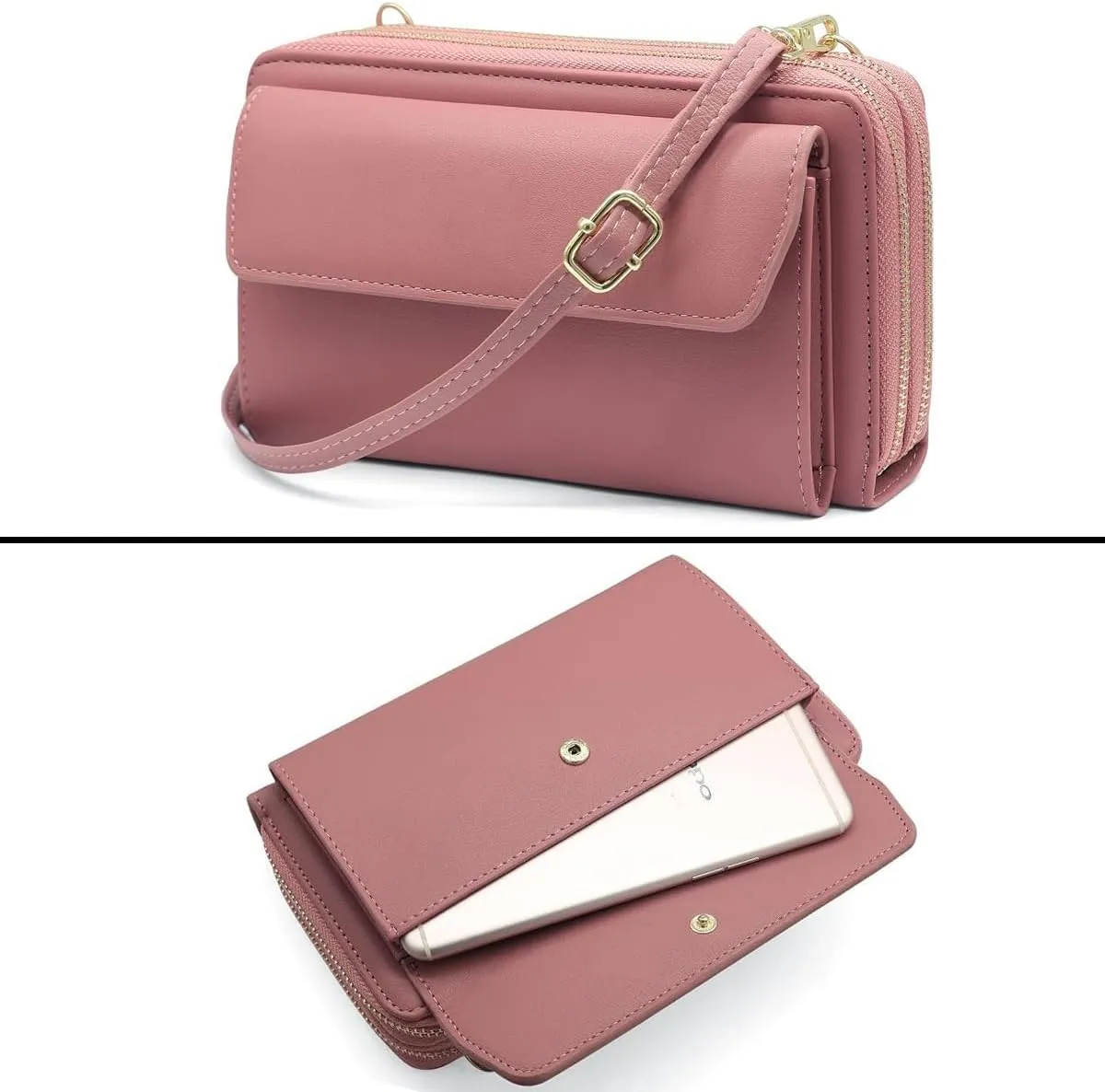Women Leather Wallet Crossbody Shoulder Bag with Double Zipper and Mobile Phone Purse with Shoulder Strap
