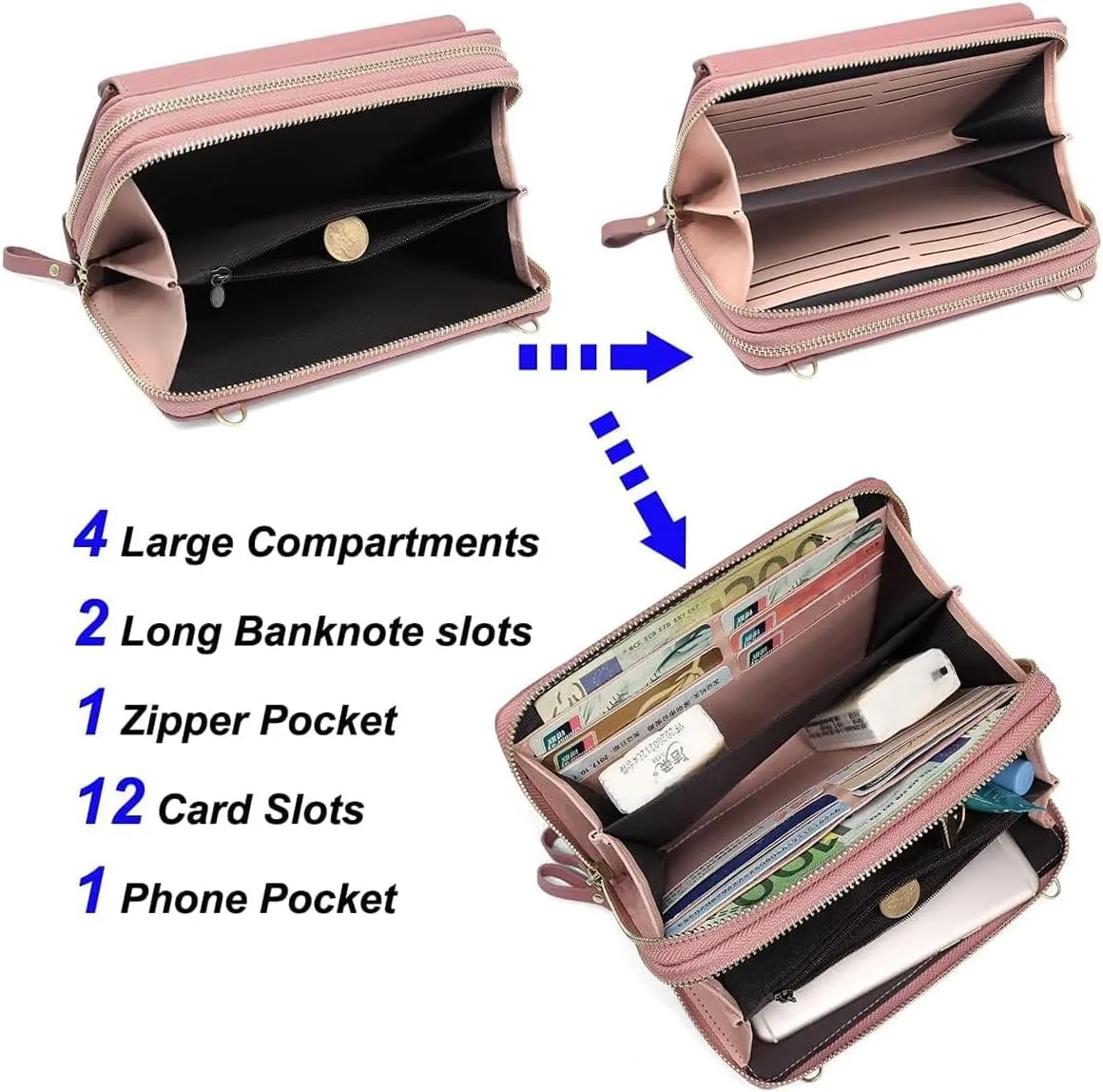 Women Leather Wallet Crossbody Shoulder Bag with Double Zipper and Mobile Phone Purse with Shoulder Strap
