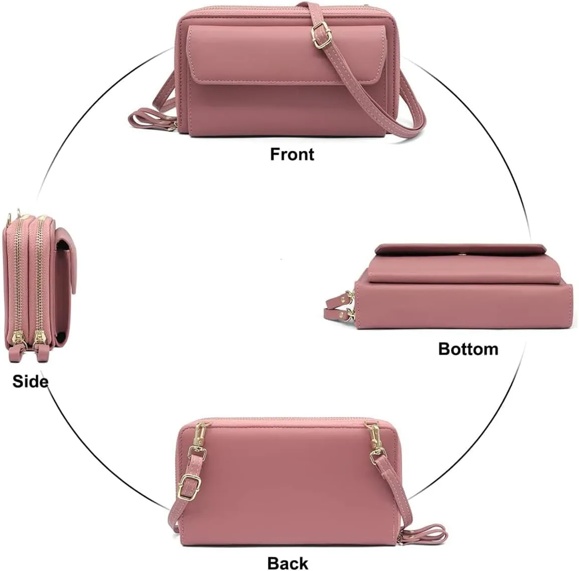Women Leather Wallet Crossbody Shoulder Bag with Double Zipper and Mobile Phone Purse with Shoulder Strap